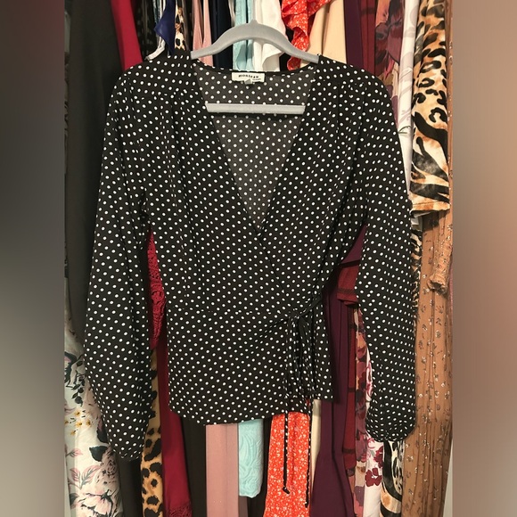 Monteau Tops - Monteau Black & White Polka Dot Wrap Top